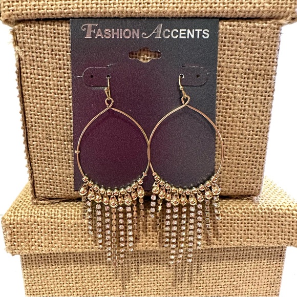 NWT Fashion Accents Earrings gold tone w/ clear rhinestone chain dangles - Picture 6 of 10